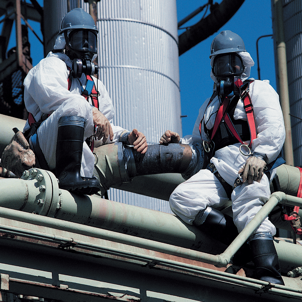 two laborers on site in protective gear